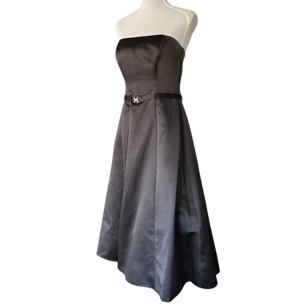 Michaelangelo black satin strapless belted tea length A-Line formal‎ dress sz 8